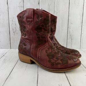 Taos Red Oxblood Privilege Western Boot Cowgirl Floral Embroidered Size 38 US 7